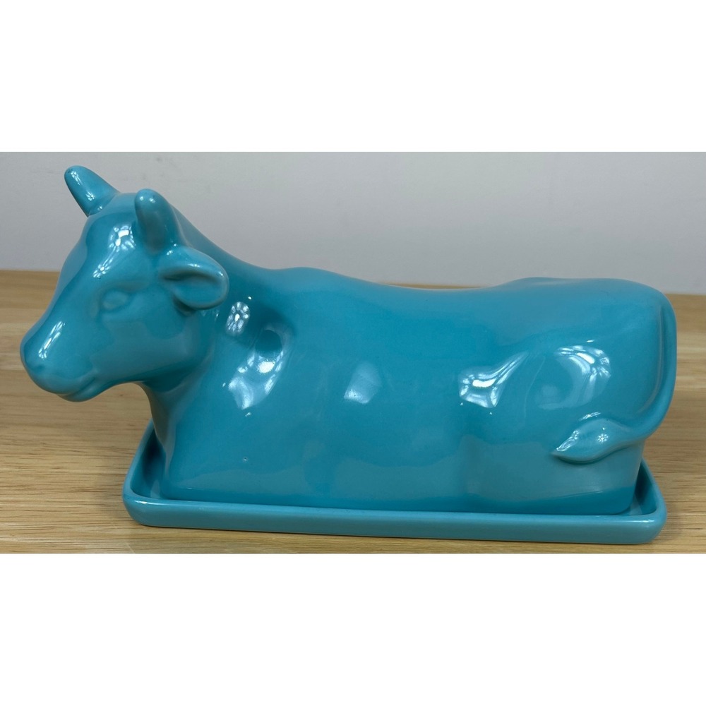 Food Network Cow Butter Dish Turquoise Blue Stoneware Whimsical Farmhouse Kitsch